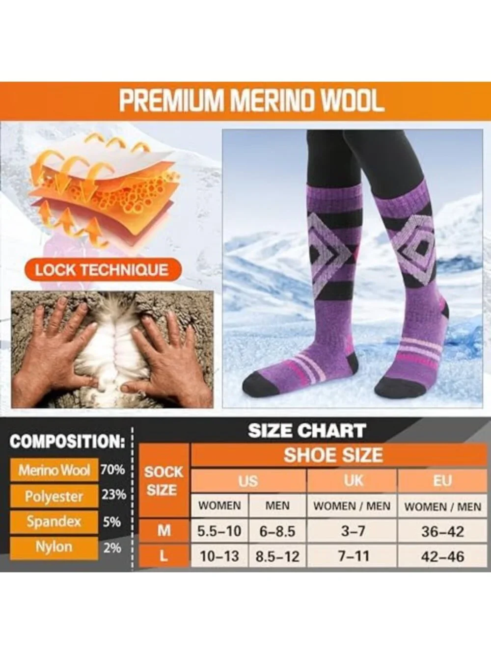 3 Pairs Thick Merino Wool Ski Socks - Thermal Knee High for Winter Sports